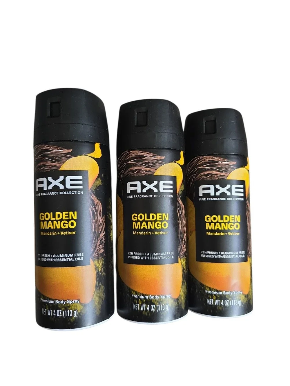 NWT AXE Golden Mango Premium Body Spray 3-Pack 4 oz Mandarin Vetiver Aluminum Fr